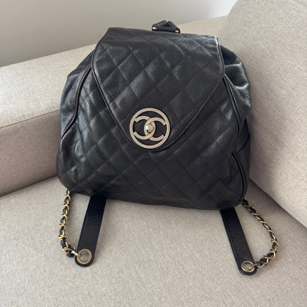 Chanel CC Leather Chain Backpack VTG Black Diamond Stitch Caviar Leather Bag